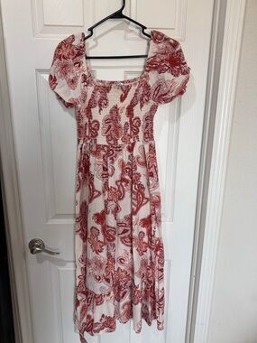 Smocked Puff-Sleeve Midi Dress in Cream with Red Floral Print